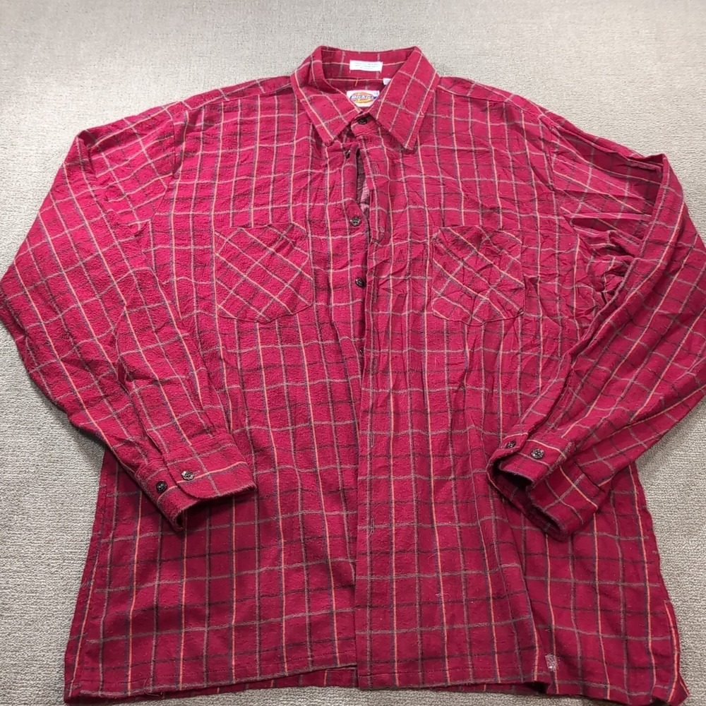 Vtg 80s Dickies Cotton Red Multicolor Flannel Button Shirt Vtg Work Rare Large